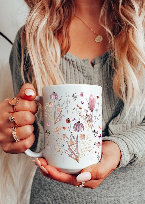Boho Wildflowers Cottagecore Coffee Mug, Pressed Flowers Mug, Pastel Floral Nature Mug, Wildflower Tea Cup, Flower Garden Lover,Gift for Her