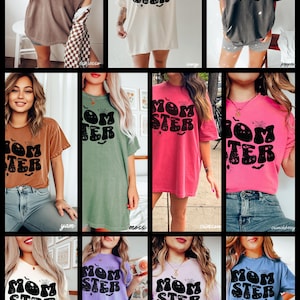 May include: A collection of ten oversized t-shirts featuring a graphic print of the text "Momster" with bats and spiderwebs. The shirts are available in ten different colors: espresso, ivory, pepper, yam, moss, crimson, crunchberry, white, violet, and blue jean.