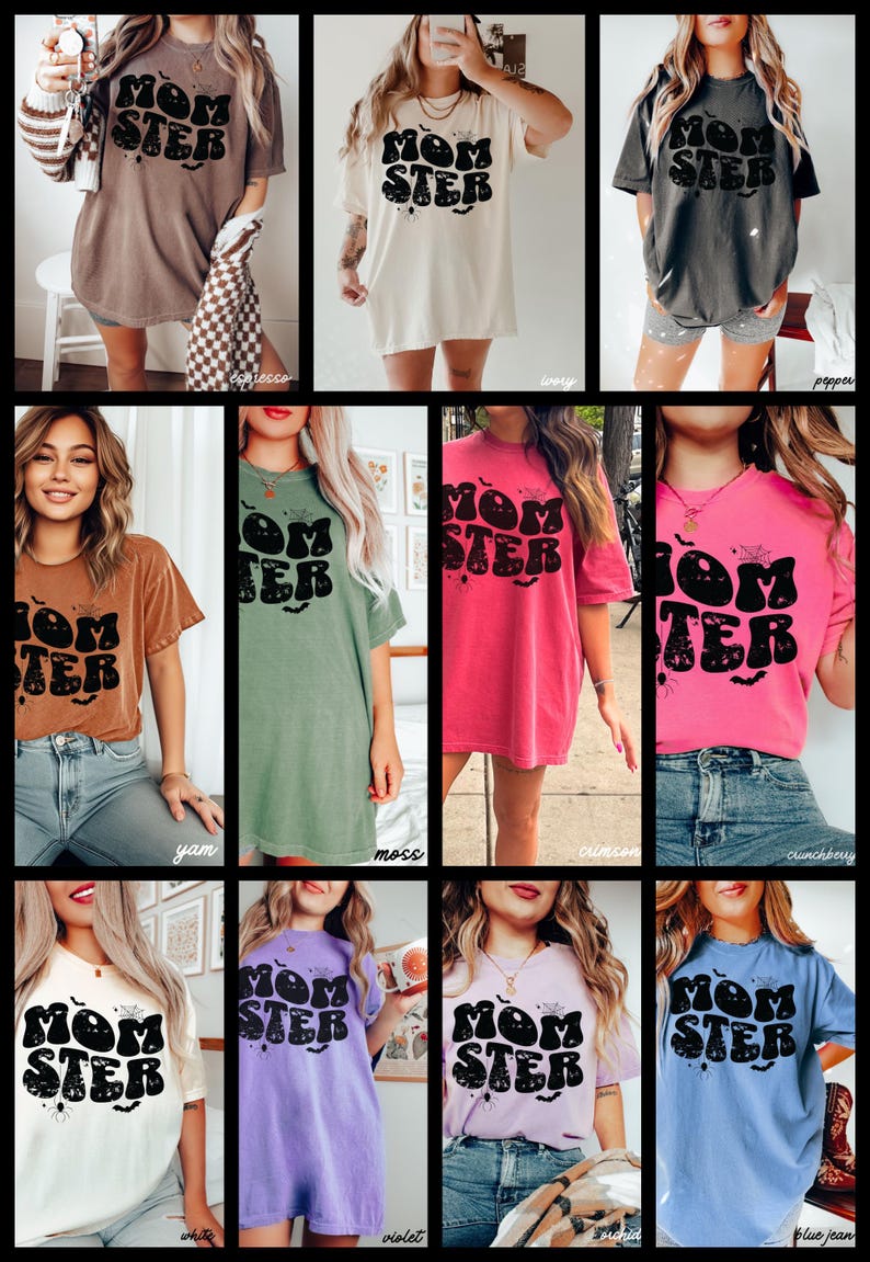 May include: A collection of ten oversized t-shirts featuring a graphic print of the text "Momster" with bats and spiderwebs. The shirts are available in ten different colors: espresso, ivory, pepper, yam, moss, crimson, crunchberry, white, violet, and blue jean.