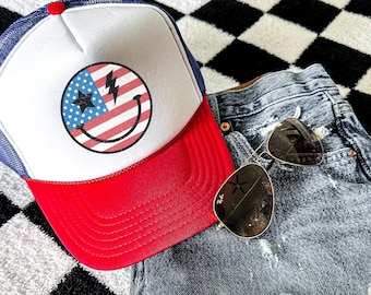 Happy USA Trucker Hat | preppy USA hat, funny Fourth of July, Independence Day, trucker hats, bow trucker hat, USA, cute hat, happy face