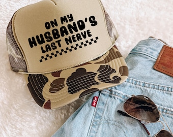 Checkered Husband's Last Nerve Trucker Hat, Funny Wife Life Hat, Honeymoon Hat, Birthday Gift for Her, Gift for Bride to Be, Bridal Shower