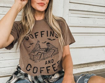 Comfort Colors Staying Alive Shirt, Trendy Coffins and Coffee Shirt, Funny Skeleton T-Shirt, Coffee Lovers Gift Skull Vintage Halloween Tee