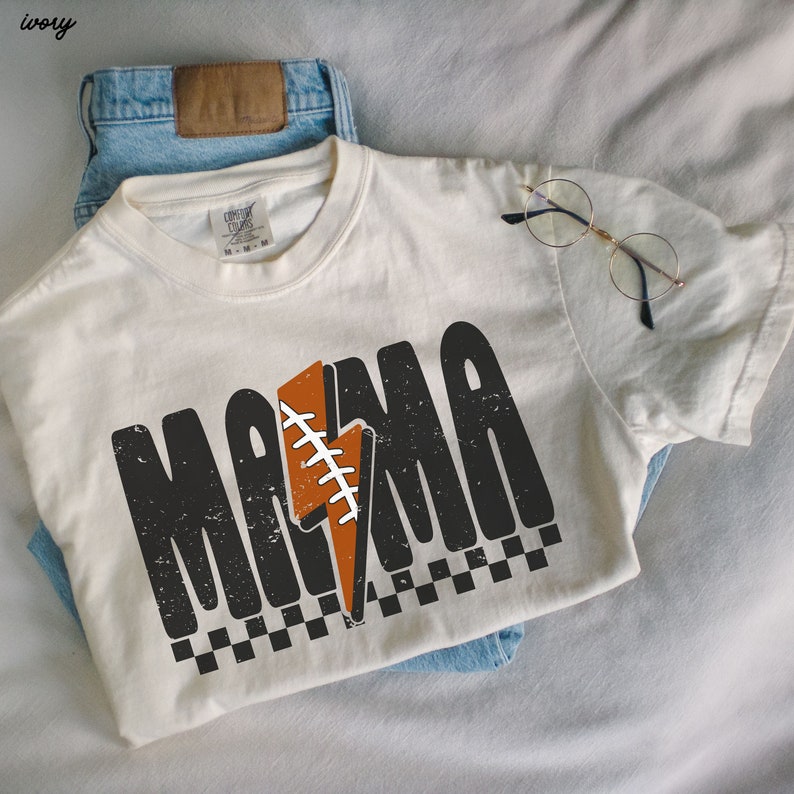 Comfort Colors® Checkered Football Mama Shirt, Lightning Football Mama Tee, Football Mom Tshirt, Game Day Football Season, Sport Mom Tee Ivory