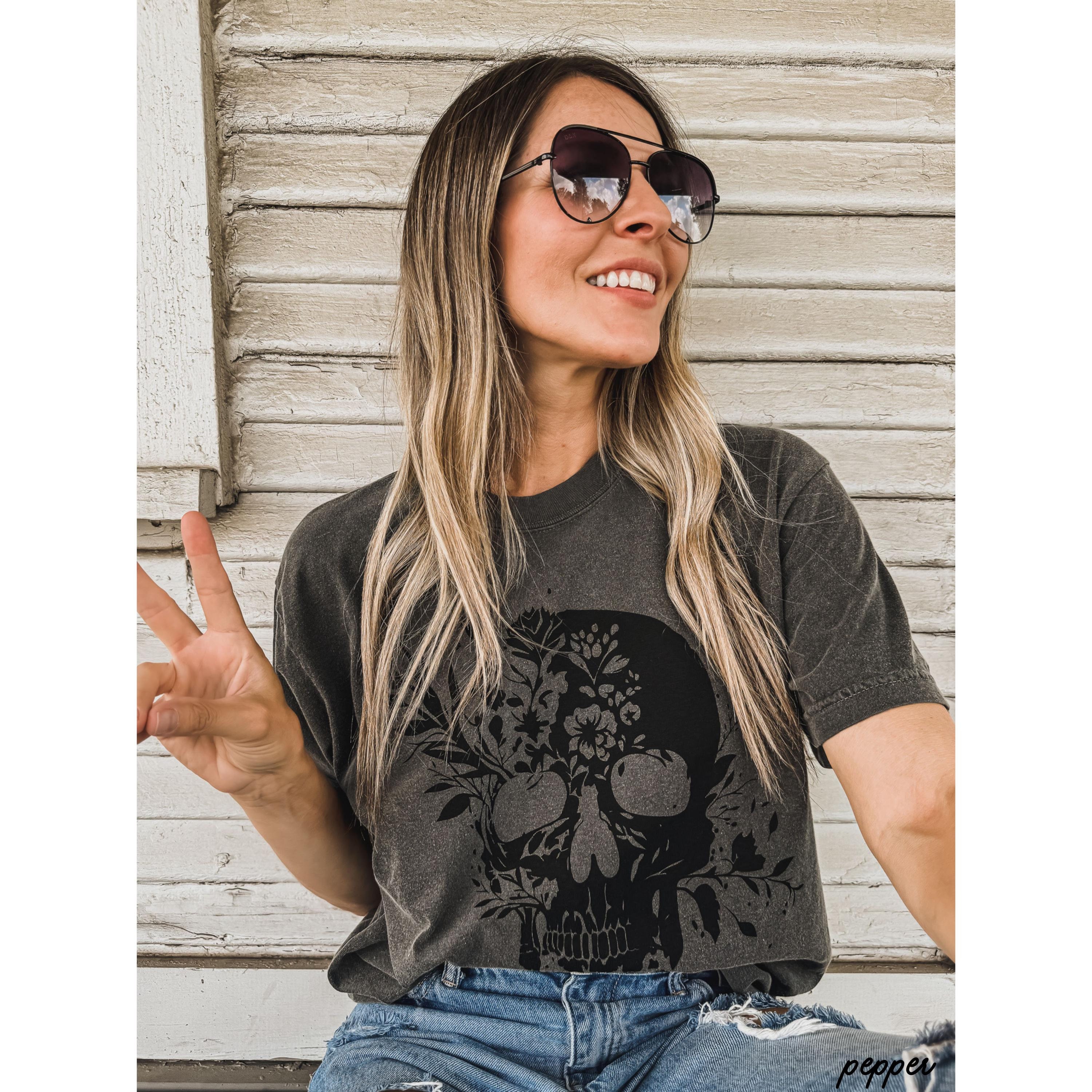 Comfort Colors® Floral Skeleton Shirt, Halloween Skull Shirt, Spooky Season Pumpkin Shirt, Cottagecore Halloween Shirt, Fall Gift for Her,