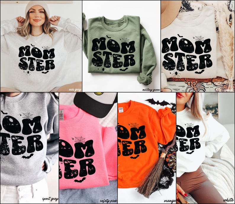 May include: A set of ten sweatshirts in various colors featuring a graphic print of the text "Momster" in a retro font with a spiderweb and bats. The sweatshirts are available in ash grey, military green, sport grey, safety pink, orange, and white.