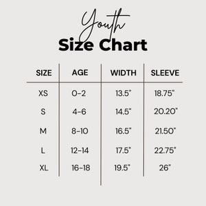 May include: Youth size chart with columns for size, age, width, and sleeve. The chart shows sizes XS through XL with corresponding age ranges, width measurements in inches, and sleeve lengths in inches.