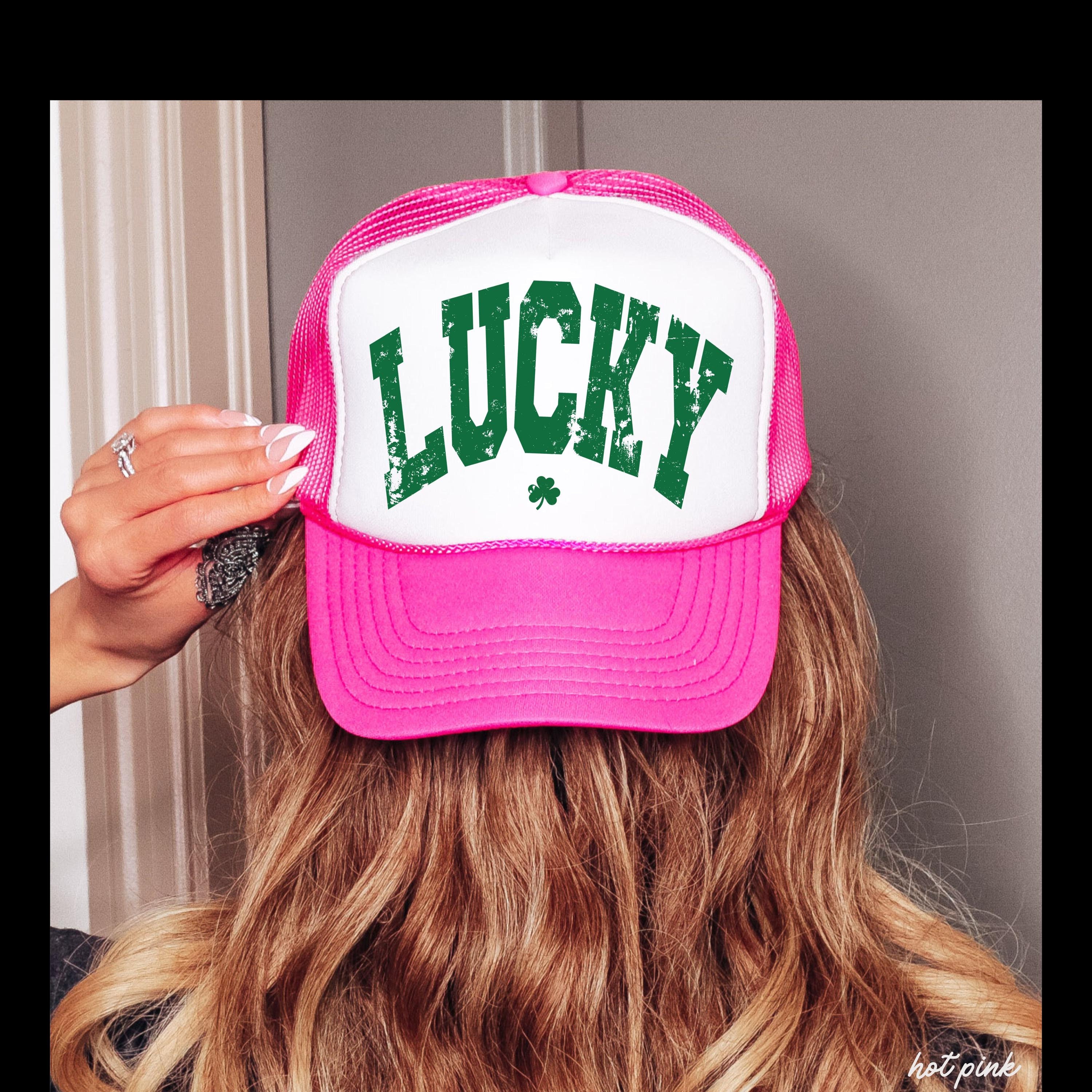 St Patricks Day Lucky Hat, Gift for Her, St Paddys Day Gift, Hot Pink Lucky Trucker Hat, Lake Hat, River Hat, Varsity Lucky Hat, Shamrock