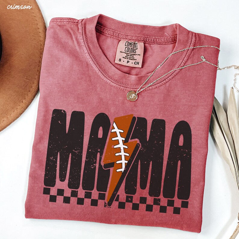 Comfort Colors® Checkered Football Mama Shirt, Lightning Football Mama Tee, Football Mom Tshirt, Game Day Football Season, Sport Mom Tee Crimson