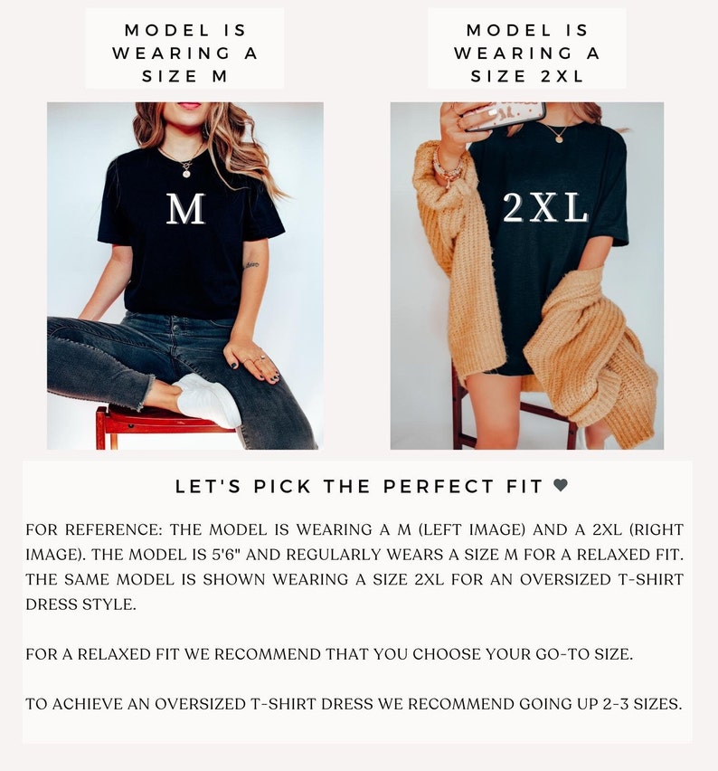 K&ouml;nnte beinhalten: Zwei Bilder, die ein Model in einem schwarzen T-Shirt zeigen. Das Model links tr&auml;gt Gr&ouml;&szlig;e M und das Model rechts tr&auml;gt Gr&ouml;&szlig;e 2XL. Der Text "Let's pick the perfect fit" befindet sich unter den Bildern.