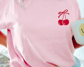 Cherry Bow Shirt, Red Cherry and Bow oversized minimalist tshirt, Pinterest Aesthetic, Girly Social Club, Trendy Pink Bow, cute sweatshirt