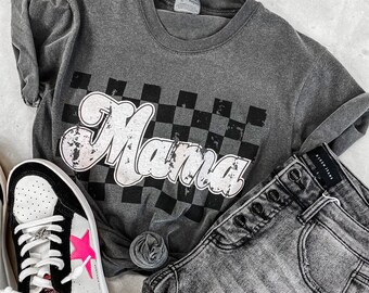 Comfort Colors Retro Mama Shirt, Checkered T-shirt, First Mothers Day Gift, Cool Mom, Personalized Gift, Mom Life Shirt, New Mom, Trendy
