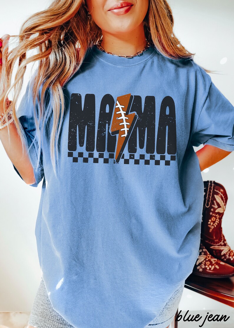 Comfort Colors® Checkered Football Mama Shirt, Lightning Football Mama Tee, Football Mom Tshirt, Game Day Football Season, Sport Mom Tee Blue Jean