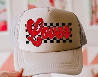 Checkered Lover Valentines Day Trucker Hat, Gift for Her, Valentines Day Gift, Hot Pink Mama Hat, Lake Hat, River Hat, Varsity XOXO Hat