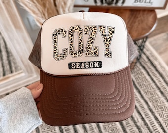 Leopard Cozy Season Trucker Hat, Fall Season ballcap, Autumn Cozy Hat, Cute Cozy Season Trucker, Leopard Cozy Season, Girl Fall Hat