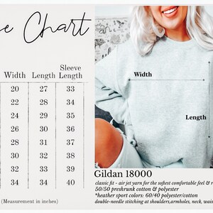 May include: Size chart for a Gildan 18000 sweatshirt, showing measurements in inches for width, length, and sleeve length for sizes S through 5XL. The chart lists the fabric as 50/50 preshrunk cotton and polyester, with heather sport colors being 60/40 polyester/cotton. The sweatshirt is described as having a classic fit, air jet yarn for a soft feel, and reduced piling. It also features double-needle stitching at the shoulders, armholes, neck, waistband, and cuffs.
