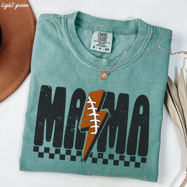 Comfort Colors® Checkered Football Mama Shirt, Lightning Football Mama Tee, Football Mom Tshirt, Game Day Football Season, Sport Mom Tee Light Green