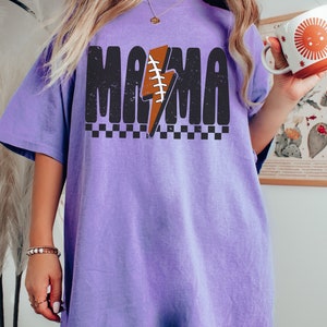 Comfort Colors® Checkered Football Mama Shirt, Lightning Football Mama Tee, Football Mom Tshirt, Game Day Football Season, Sport Mom Tee Violet