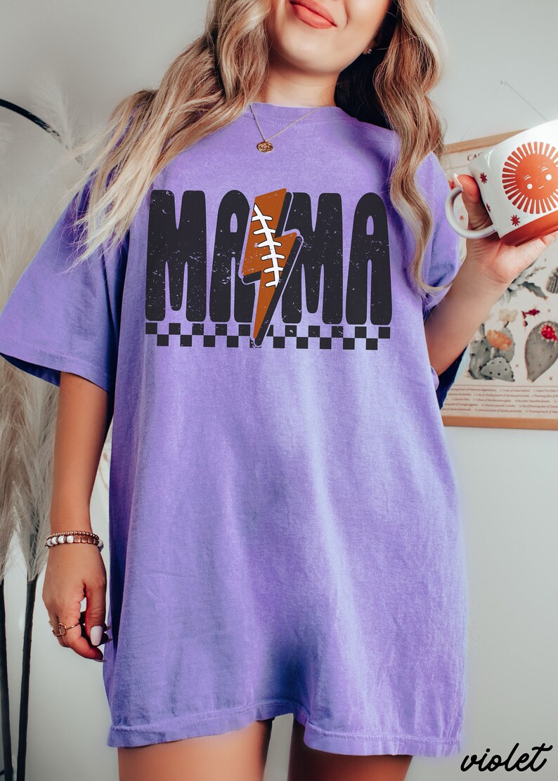 Comfort Colors® Checkered Football Mama Shirt, Lightning Football Mama Tee, Football Mom Tshirt, Game Day Football Season, Sport Mom Tee Violet