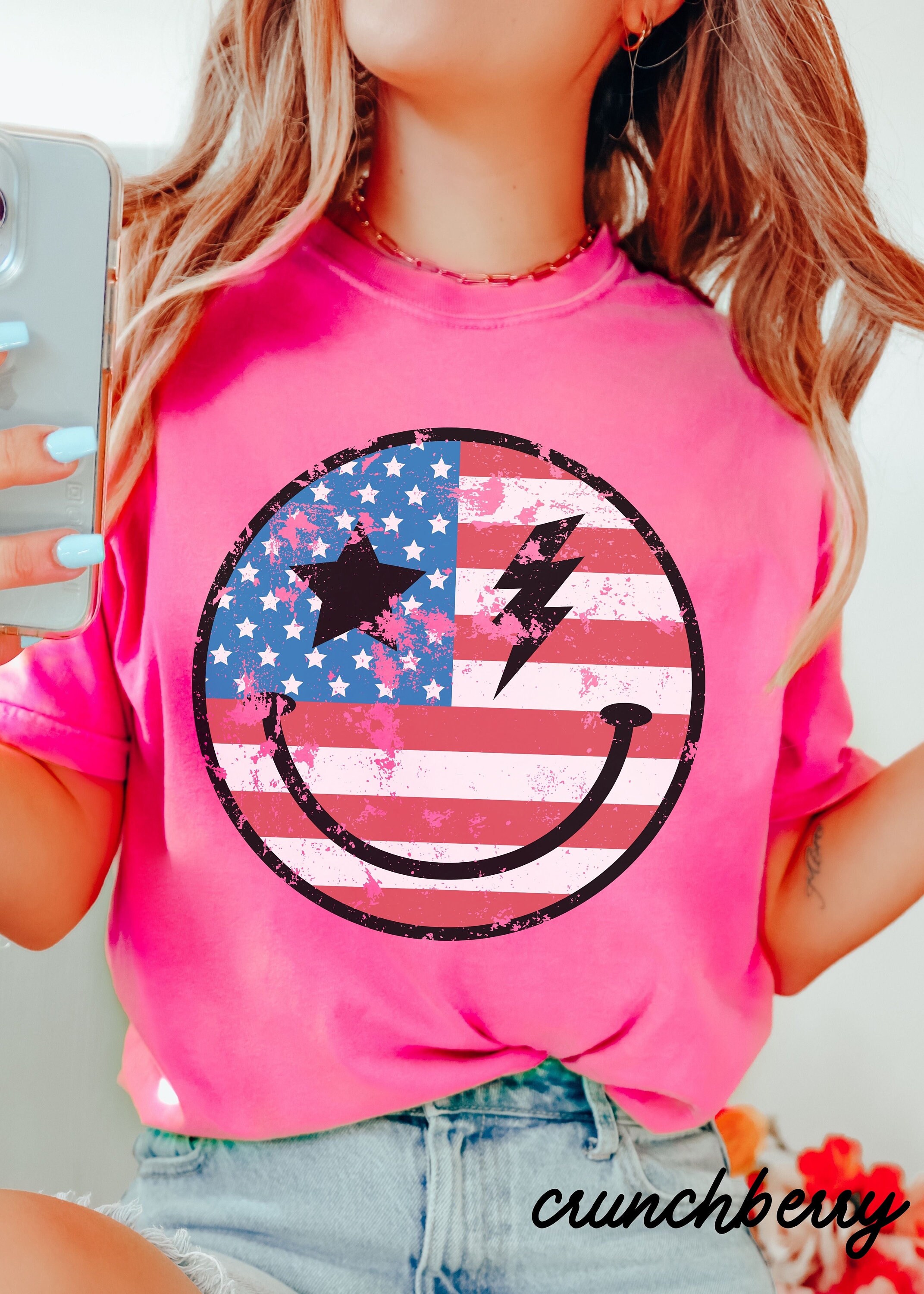 Comfort Colors® USA Happy Face Checkered Shirt, Red White Comfort Colors® USA Happy Face Checkered Shirt, Red White