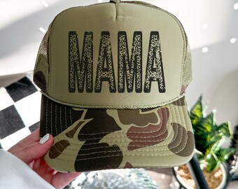 Camo Retro Leopard Mama Ballcap, Mama Trucker Hat, Mama Patch, Star Hat Chain, Mothers Day Gift, First Mothers Day, Gift for Mom, Birthday