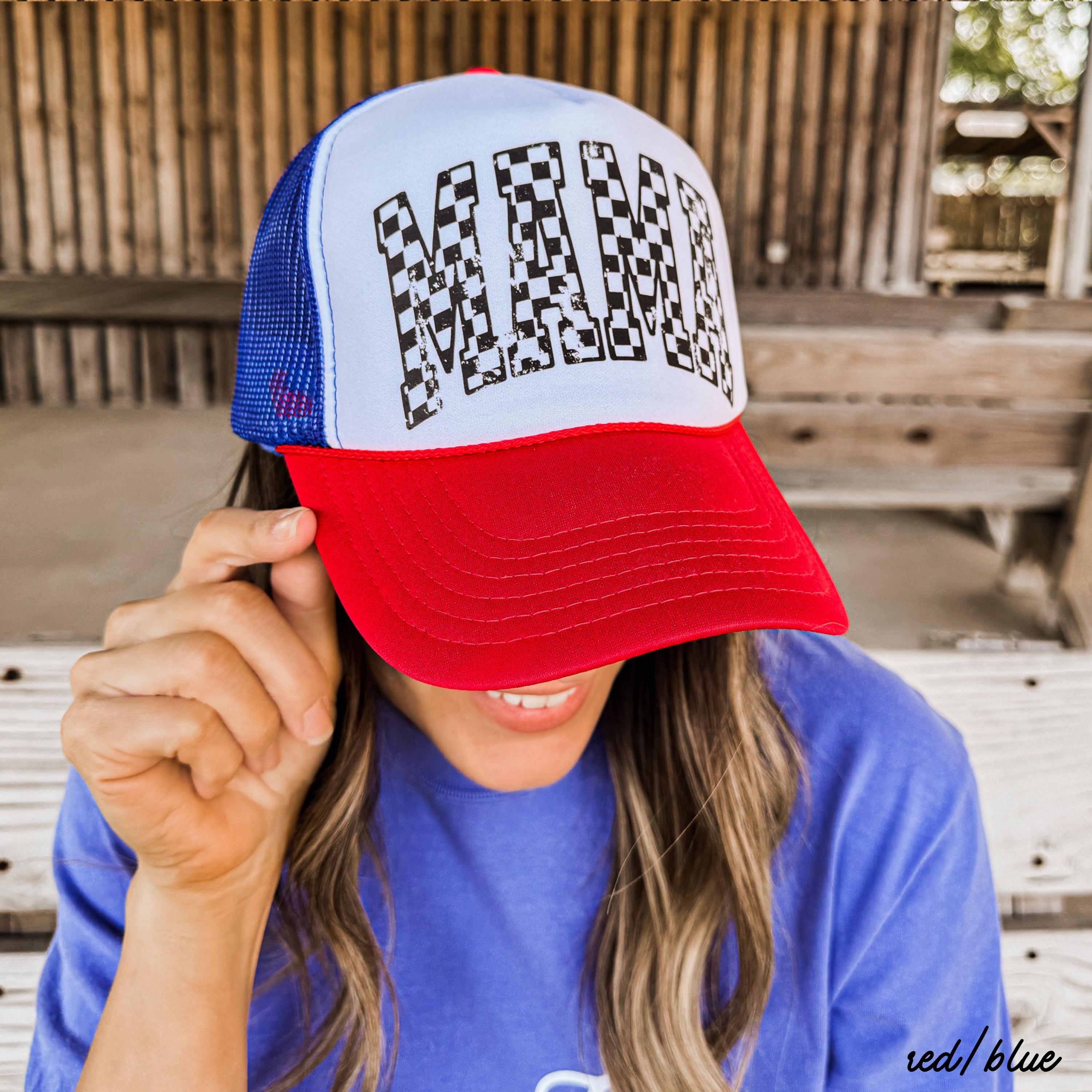 Checkered Mama Ballcap, Red White Blue Mama Trucker Hat  display picture 2