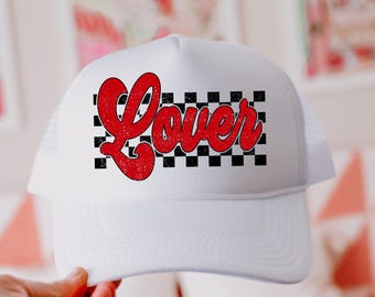 Checkered Lover Valentines Day Trucker Hat, Gift for Her, Valentines Day Gift, Hot Pink Mama Hat, Lake Hat, River Hat, Varsity XOXO Hat