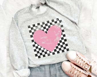 Retro Checkered Heart Sweatshirt, Cute Teacher Valentine Tee, Women's Valentines Day Crewneck, Love Day, Valentine Gift, Trendy