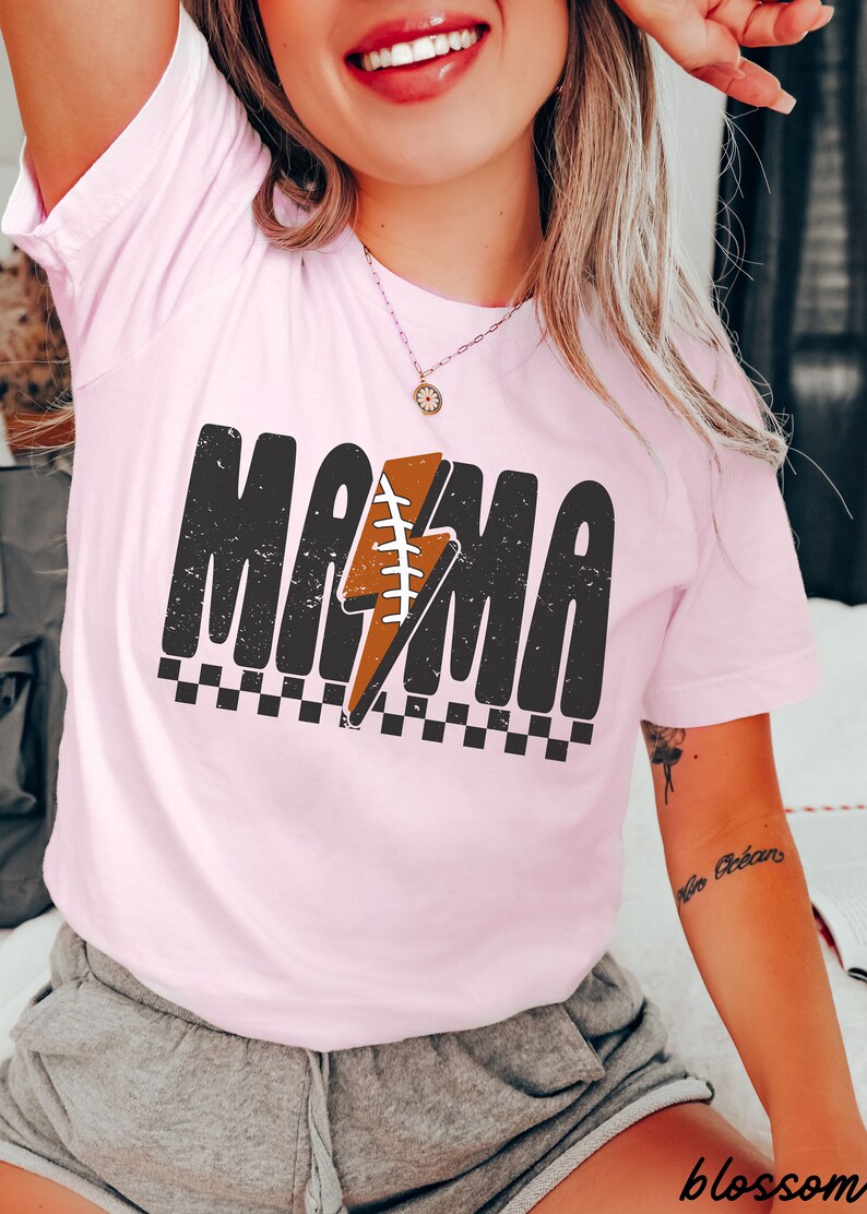 Comfort Colors® Checkered Football Mama Shirt, Lightning Football Mama Tee, Football Mom Tshirt, Game Day Football Season, Sport Mom Tee Blossom