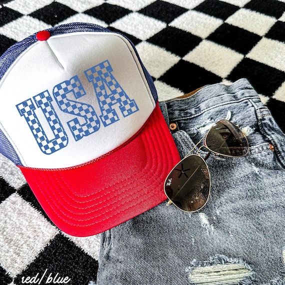 Checkered USA Trucker Hat | preppy USA hat, girly hats, Fourth of July, Independence Day, trucker hats, bow trucker hat, cute trucker hat