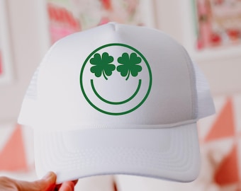 St Patricks Day Shamrock Eyes Hat, Gift for Her, St Paddys Day Gift, Hot Pink Happy Face Trucker Hat, Lake Hat, River Hat, Lucky Shamrock