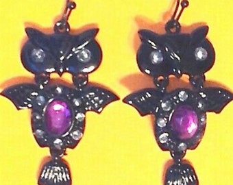 Gothic Owl Dangle Pierced Earrings Purple Stone Black Metal Hypo Allergenic