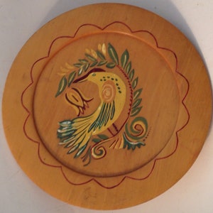 Vintage Hand Painted Bird on Branch Scandinavian Decorative 7.75&quot; Wood Plate