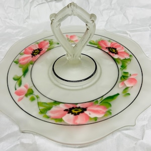 Vintage Satin Glass Serving Plate With Center Handle Frosted Depression Era Reverse Painted
