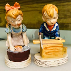 Vintage Figurine Set Boy Carpenter & Girl Washing Clothes Japan Porcelain