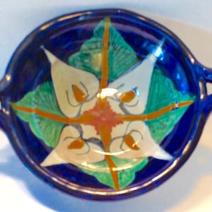 Vintage Mexico Folk Art Pottery Bowl Open Handles Hand Painted 1960s Mexican