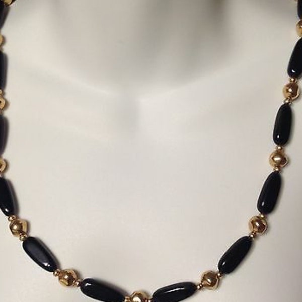 Signed Napier Necklace Gold Black Bead 1970's 14" Vintage