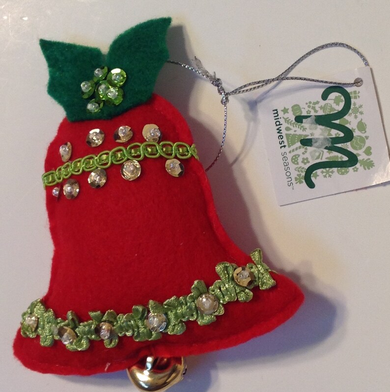Christmas Ornament Red Felt Bell Midwest CBK Sequins Beads Stuffed