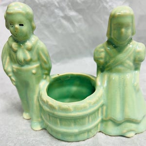 Pottery Planter Pot Wishing Well Man Woman Green Vintage