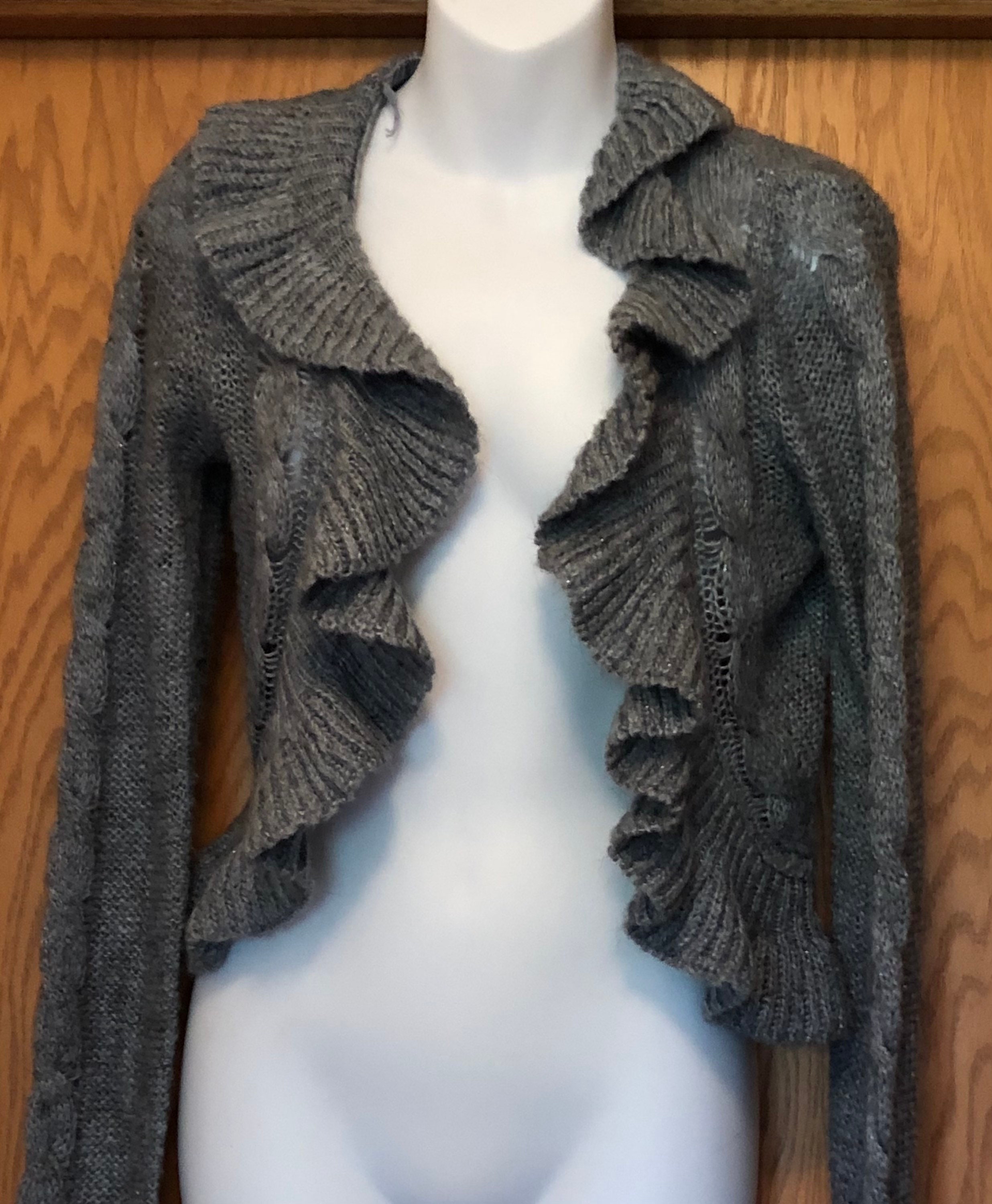 Acrylic Gray Loose Weave Ruffle Edge Cardigan Sweater Junior Teen