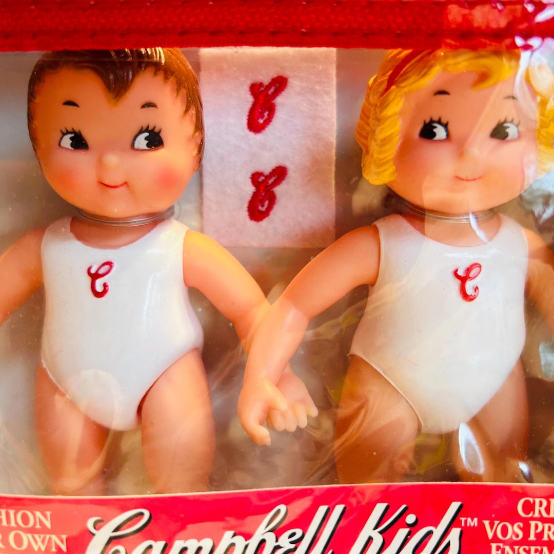 1970’s Campbell Soup Kid キャンベルキッズ 男女2体 Campbell Soup Kids Girl and Boy Vinyl Dolls in Plastic Zipper Case