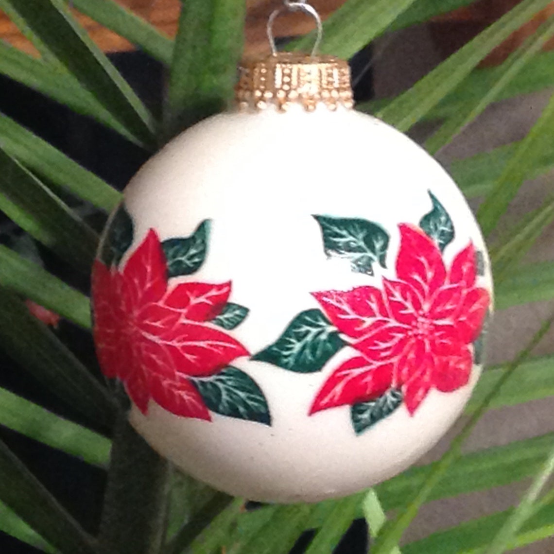 Krebs Christmas Ornament Blown Glass White Ball Poinsettia Etsy