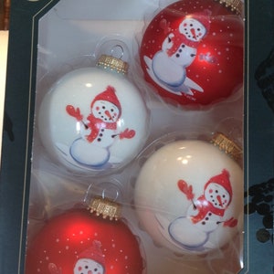 Krebs Christmas Ornament Set 4 Red White Snowman Glass Balls