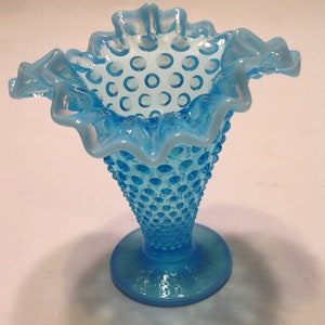 Fenton Blue Trumpet Vase White Opalescent Rim Hobnail 6&quot; Double Crimped  Vintage