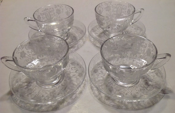 Etched Clear Glass Cup Saucer Set Of 4 Vintage Elegant Etsy