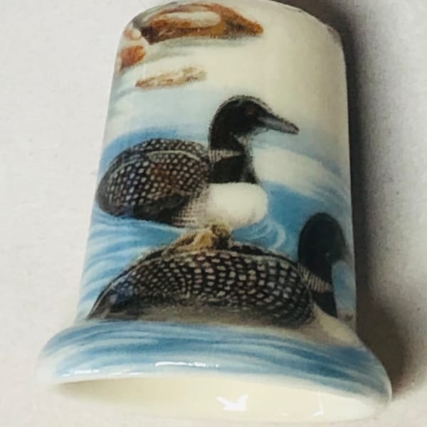 Vintage Swimming Loons Porcelain Dimpled Sewing Thimble