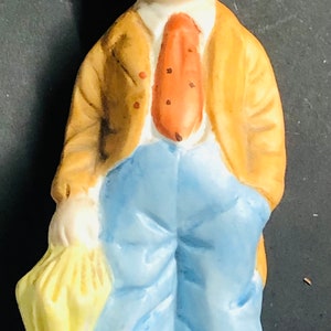 Circus Male Clown Holding Umbrella Figurine Bisque Porcelain Vintage