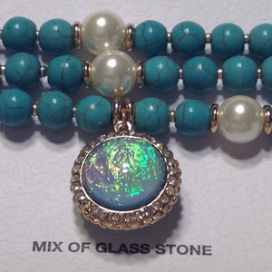 Bracelet Beaded Turquoise Blue Glass & Stone Beads 3 Strand