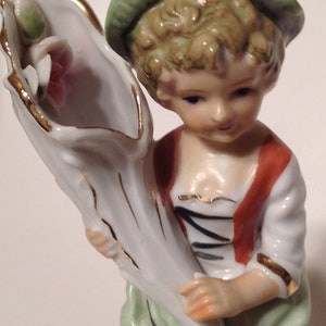 Vintage Figurine Boy Holding Cornucopia of Flowers Dog at His Feet 1960s
