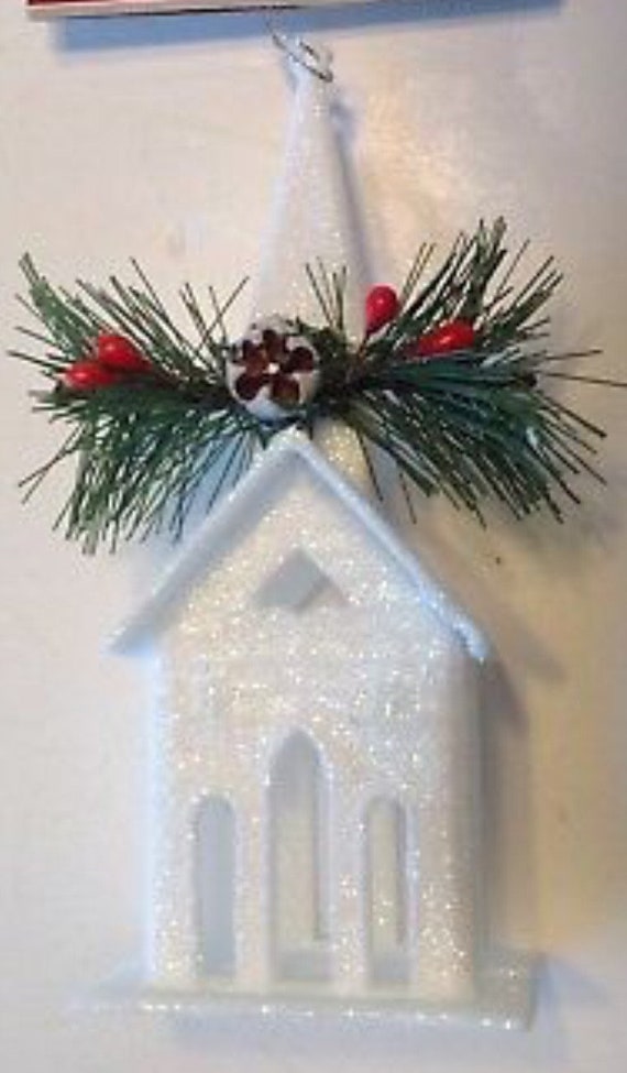 Christmas Ornament Glittery White Church Etsy