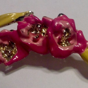 Pin Pink Flowers on Branch Enameled Silver Brooch Vintage